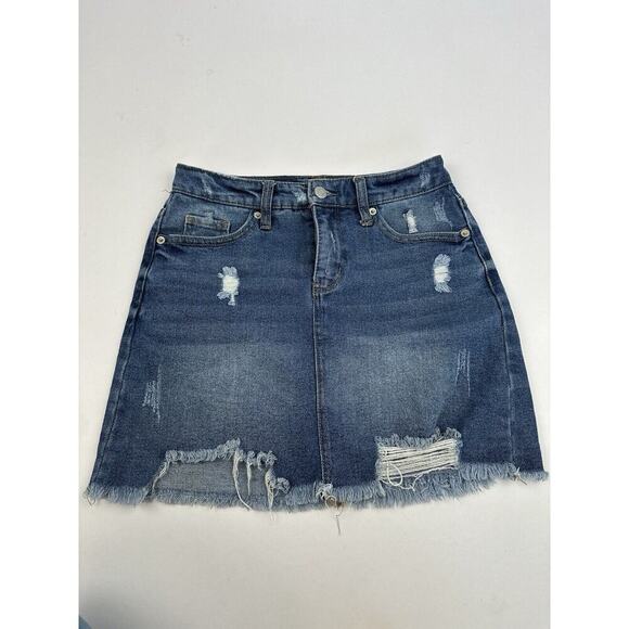 Wild Fable Denim Blue Jean Mini Skirt Distressed Size 00 Medium Wash Pockets - Picture 2 of 6